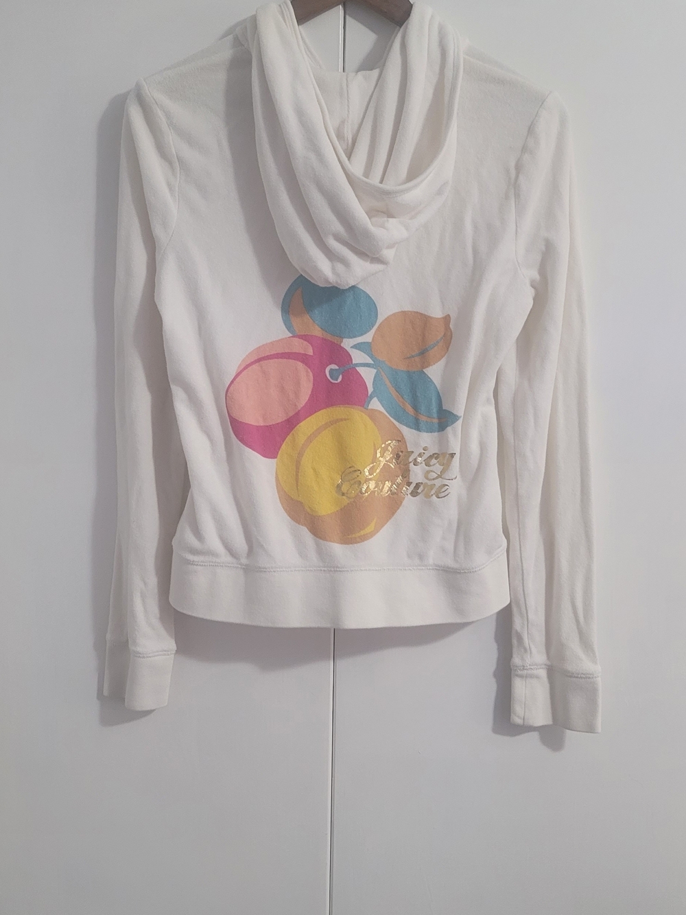 Juicy Couture White Hoodie with Colorful Fruit Graphic Y2k Terriecloth